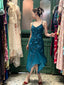 Retro Elegant Peacock Blue Irregular Deep V Halter Embroidered Chiffon Classy Prom Dress