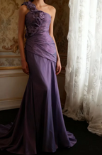Retro Elegant Purple 3D Floral One-Shoulder Mermaid Satin Long Classy Prom Dress