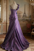 Retro Elegant Purple 3D Floral One-Shoulder Mermaid Satin Long Classy Prom Dress