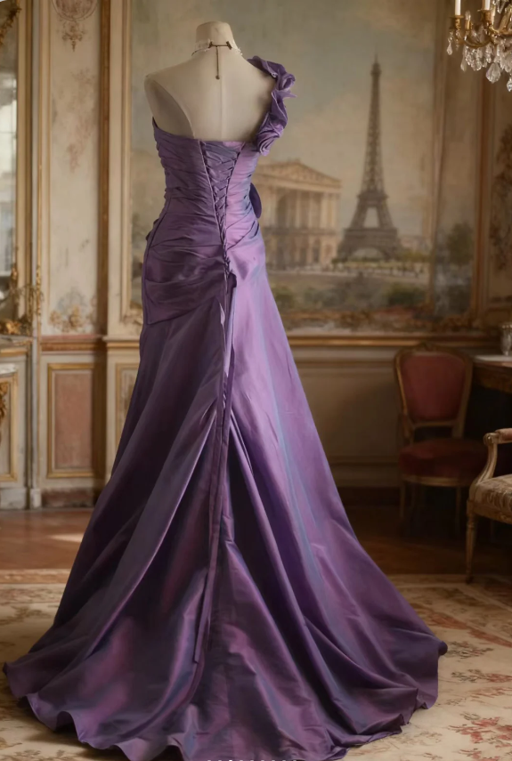 Retro Elegant Purple 3D Floral One-Shoulder Mermaid Satin Long Classy Prom Dress