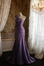 Retro Elegant Purple 3D Floral One-Shoulder Mermaid Satin Long Classy Prom Dress