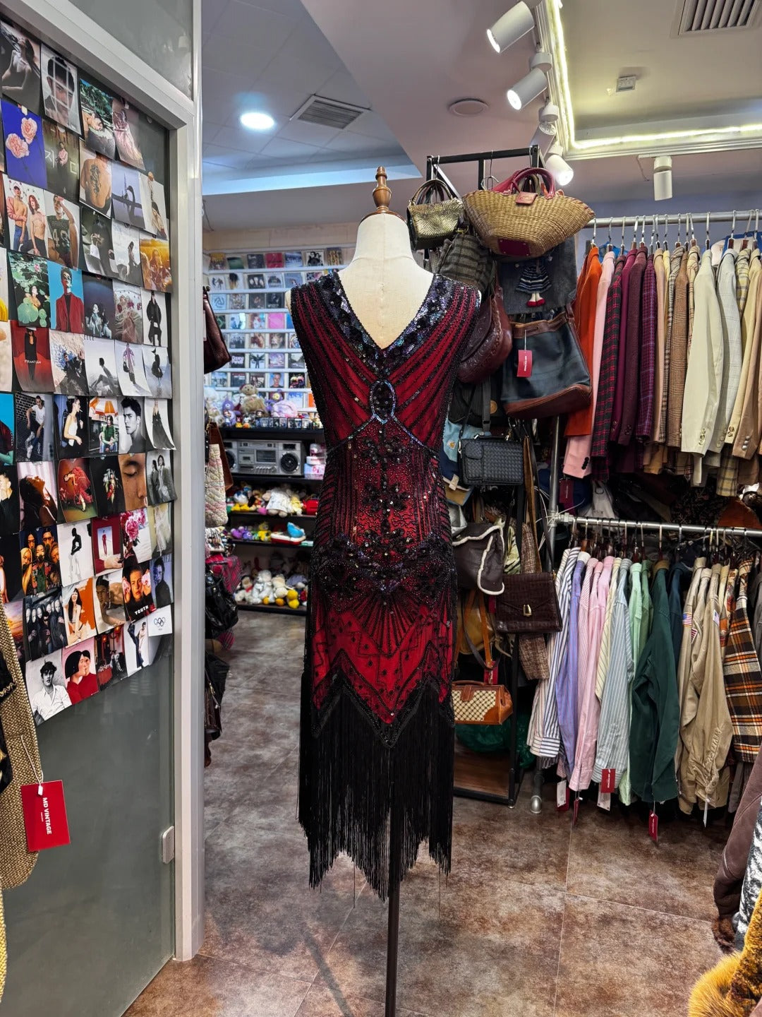 Retro Luxury Red And Black Color-Blocked V-Neck Sequined Tassel Classy Prom Dress