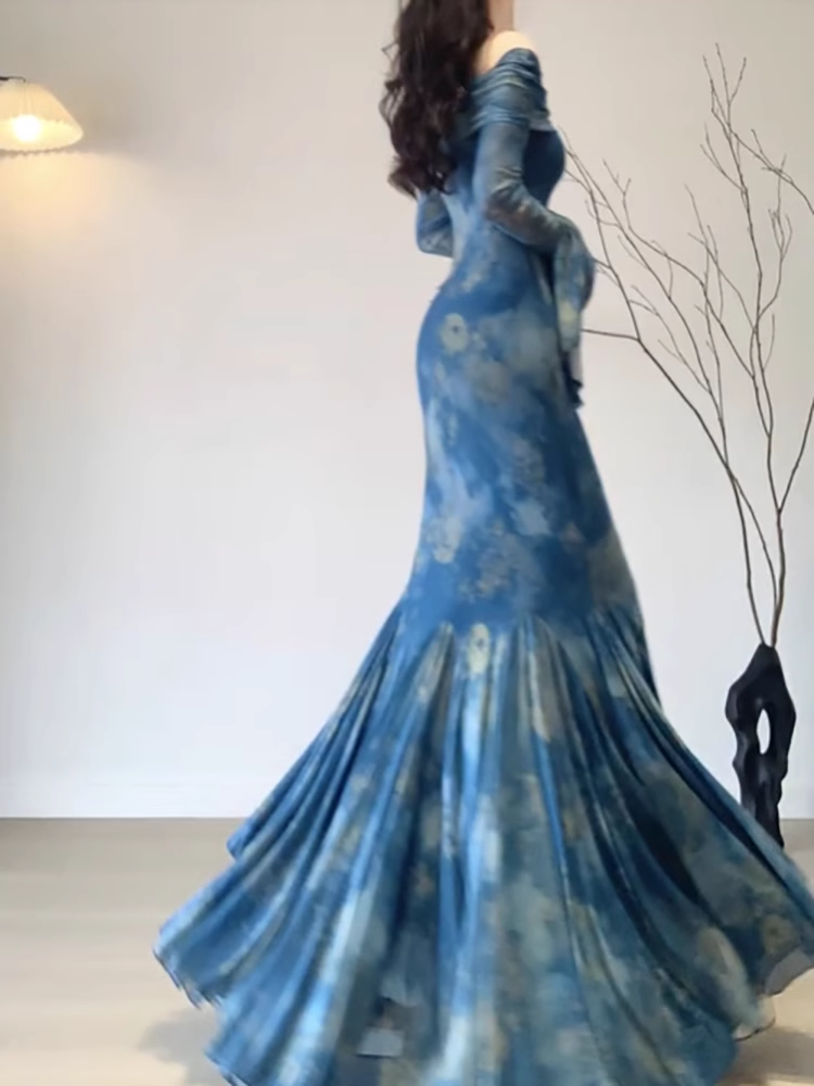 Retro Mermaid Off The Shoulder Floral Blue Long Sleeves Party Dress Birthday Outfits Secondary image