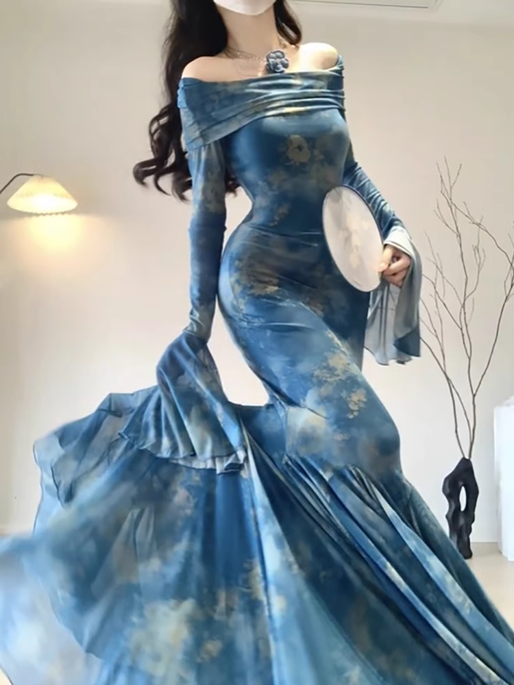 Retro Mermaid Off The Shoulder Floral Blue Long Sleeves Party Dress Birthday Outfits