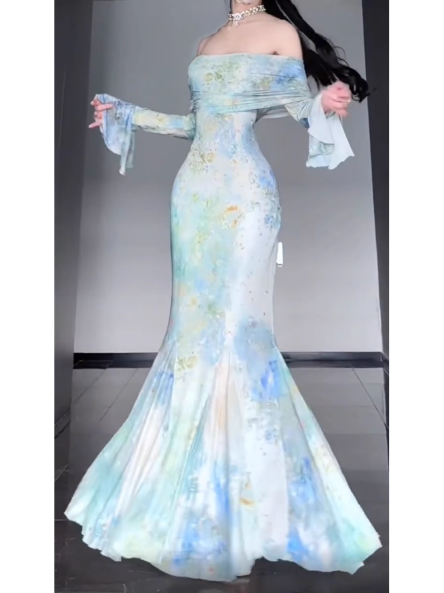 Retro Mermaid Off The Shoulder Floral Long Sleeves Party Dress Birthday Outfits Secondary image