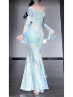 Retro Mermaid Off The Shoulder Floral Long Sleeves Party Dress Birthday Outfits