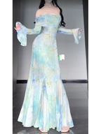 Retro Mermaid Off The Shoulder Floral Long Sleeves Party Dress Birthday Outfits