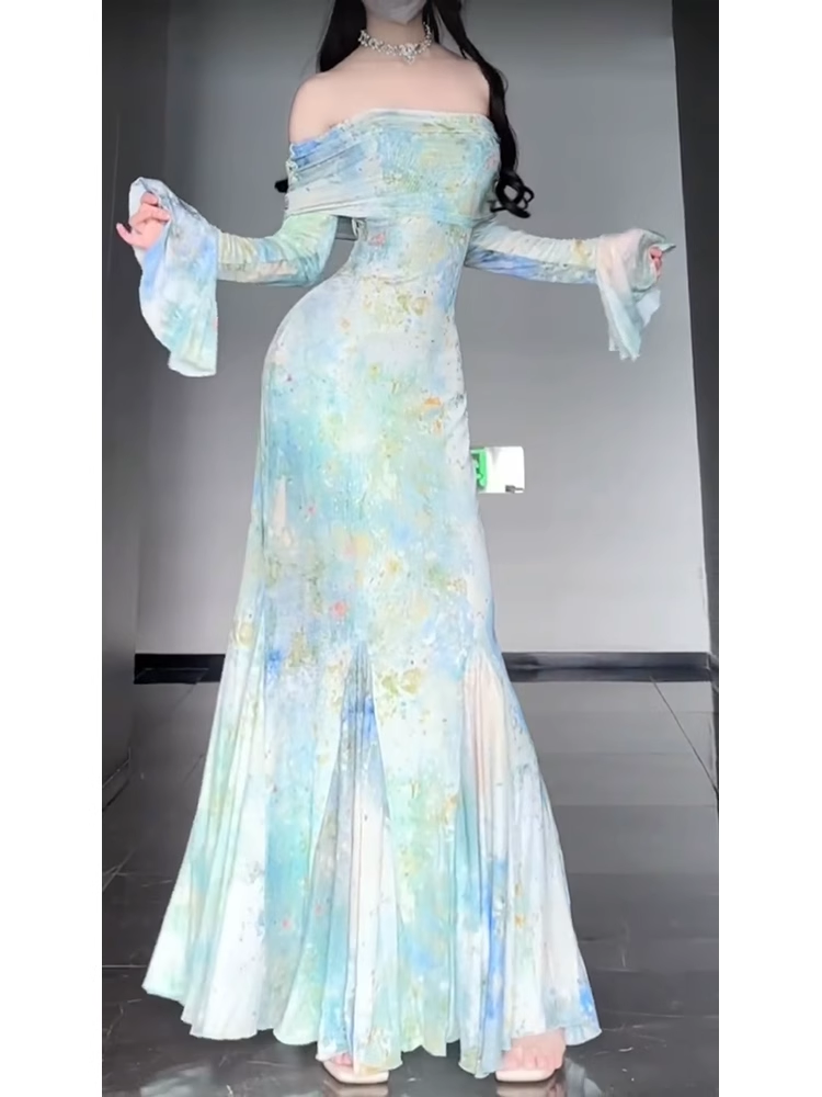 Retro Mermaid Off The Shoulder Floral Long Sleeves Party Dress Birthday Outfits