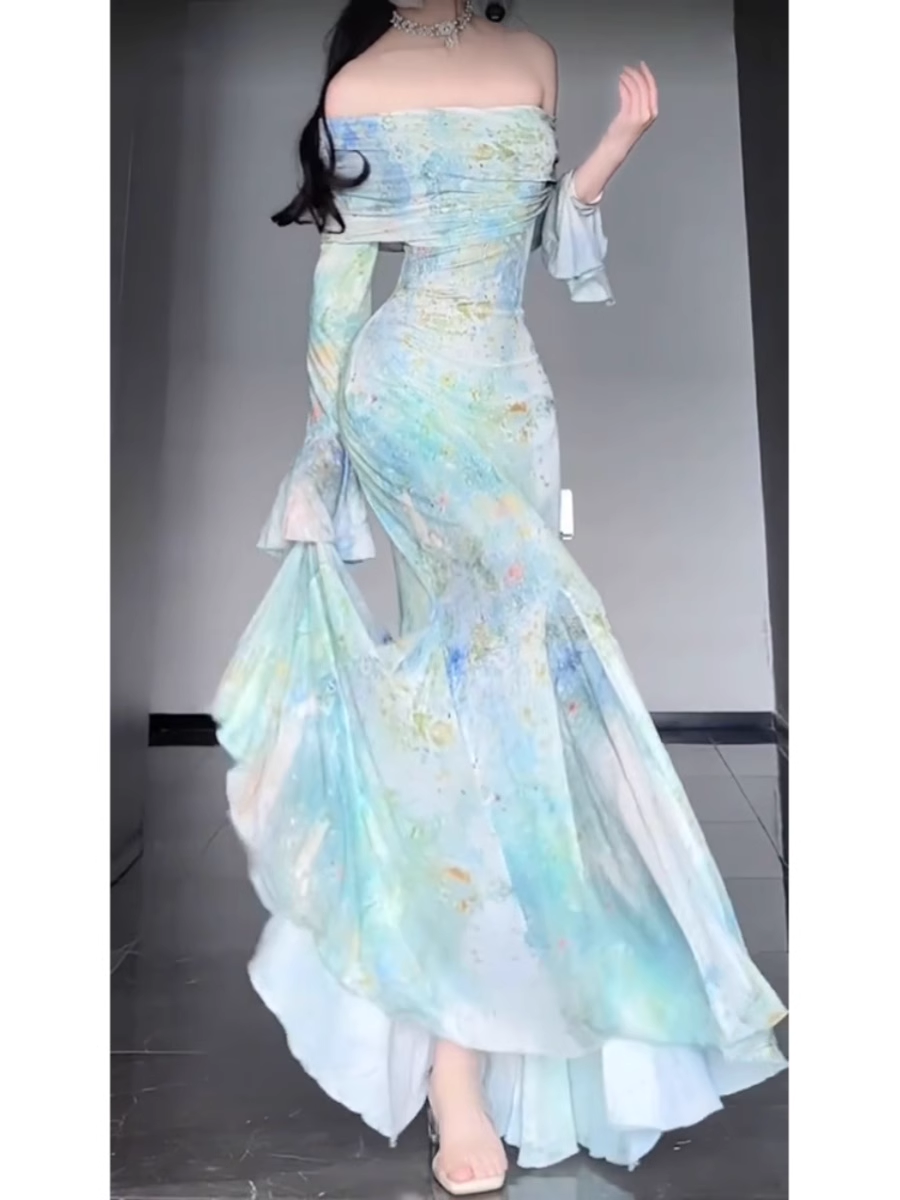 Retro Mermaid Off The Shoulder Floral Long Sleeves Party Dress Birthday Outfits Main image