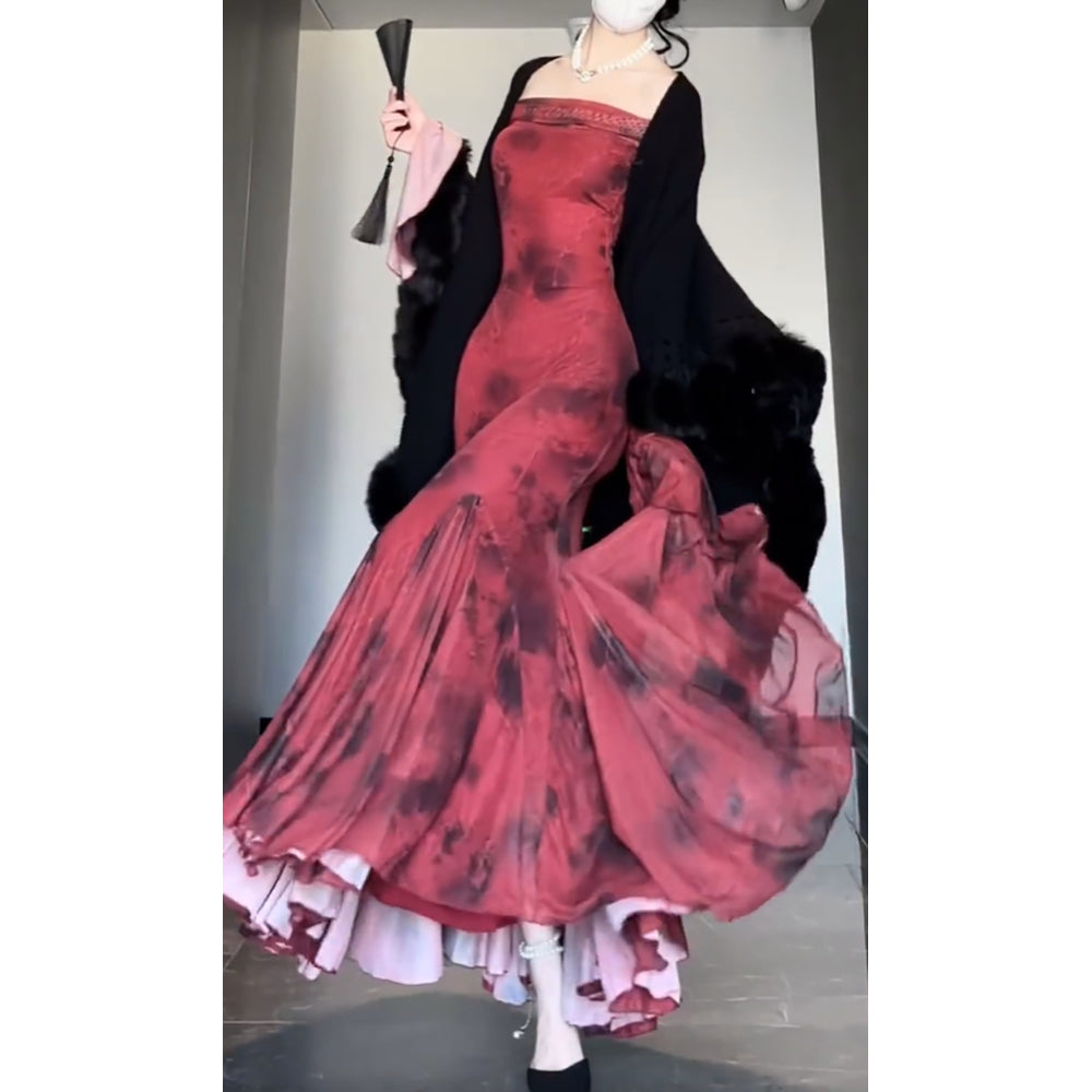 Retro Mermaid Off The Shoulder Floral Red Long Sleeves Party Dress Birthday Outfits Secondary image