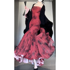 Retro Mermaid Off The Shoulder Floral Red Long Sleeves Party Dress Birthday Outfits