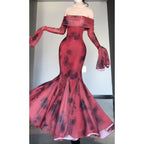 Retro Mermaid Off The Shoulder Floral Red Long Sleeves Party Dress Birthday Outfits