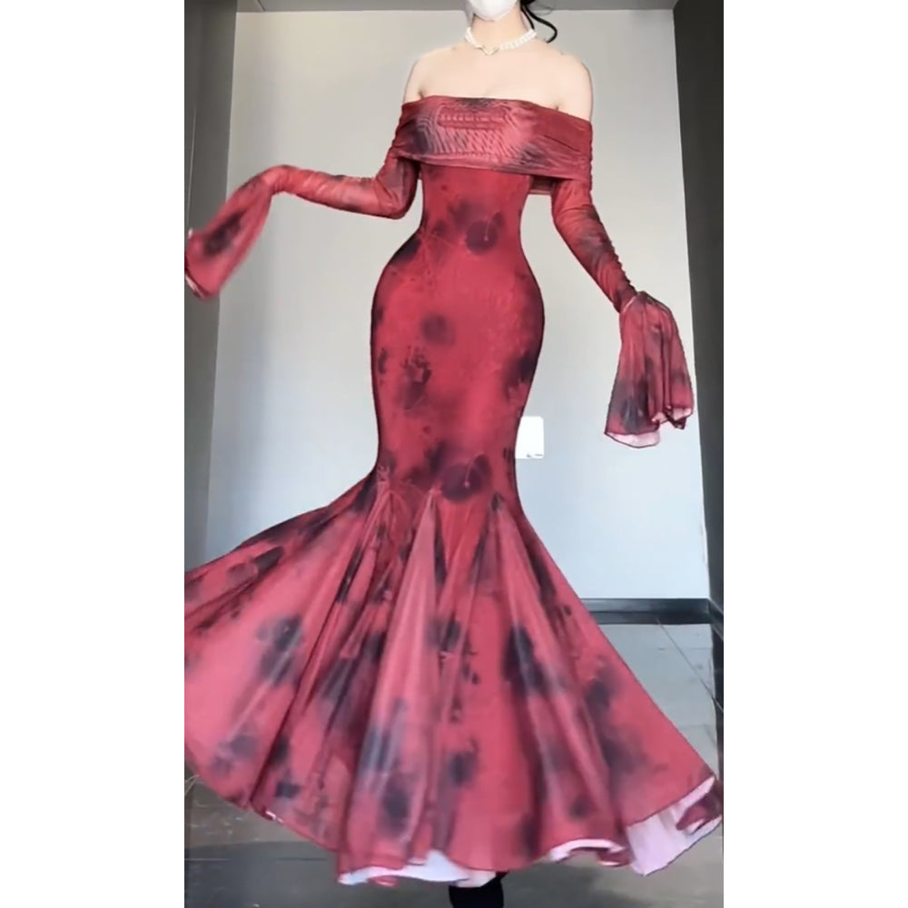 Retro Mermaid Off The Shoulder Floral Red Long Sleeves Party Dress Birthday Outfits
