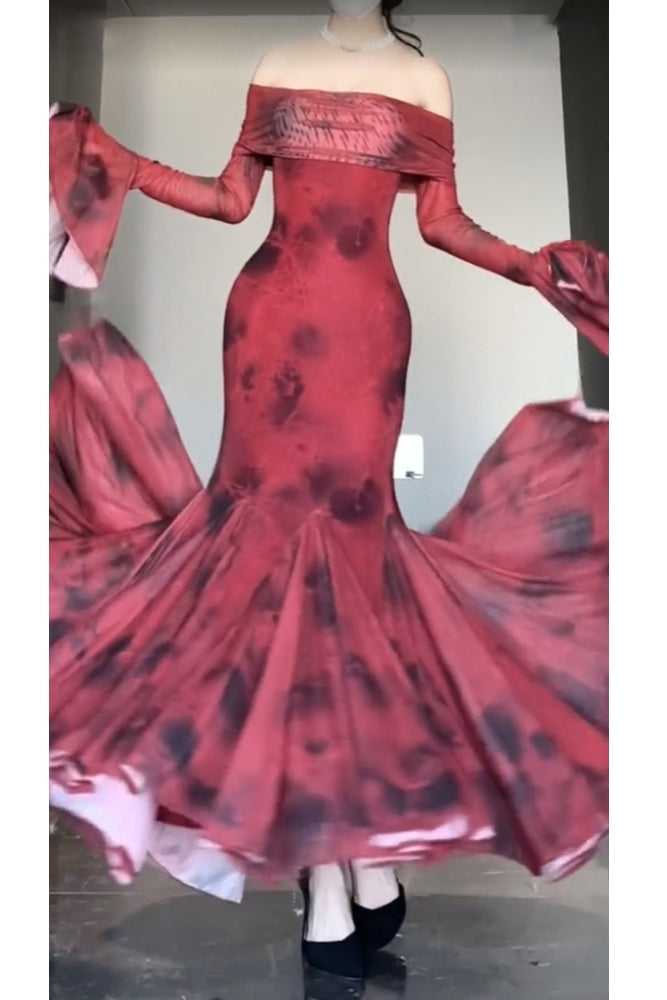 Retro Mermaid Off The Shoulder Floral Red Long Sleeves Party Dress Birthday Outfits Main image
