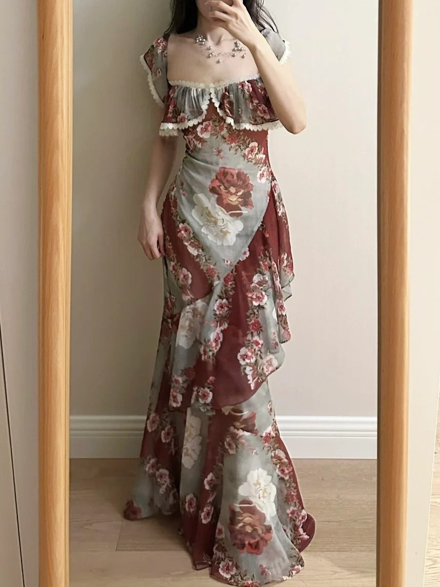 Retro Mermaid Print Ruffled Chiffon Long Classy Prom Dress Secondary image