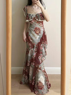 Retro Mermaid Print Ruffled Chiffon Long Classy Prom Dress