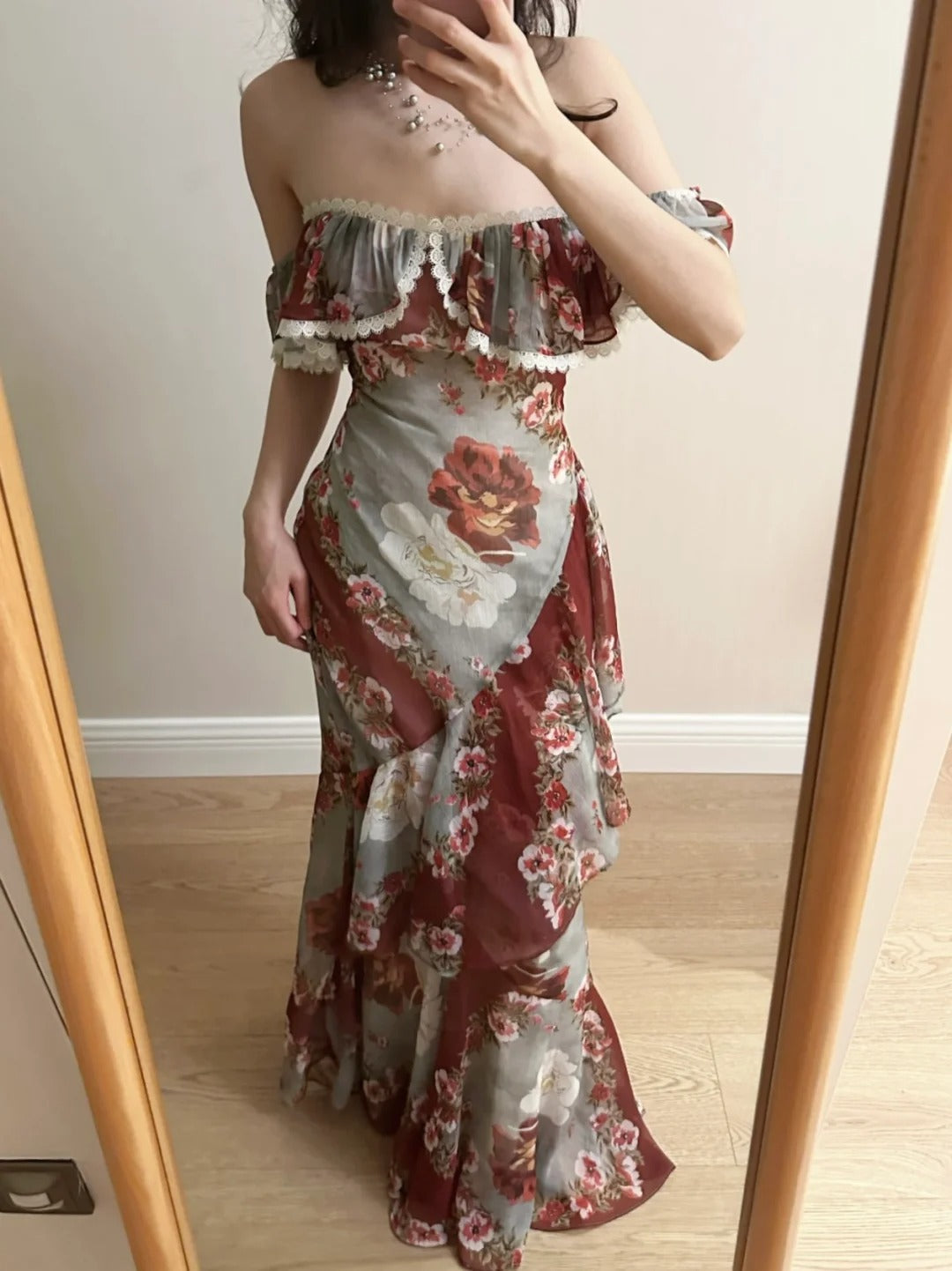 Retro Mermaid Print Ruffled Chiffon Long Classy Prom Dress