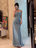 Retro Mermaid Spaghetti Straps Blue Sequin Classy Prom Dress Birthday Outfits With Ruffle