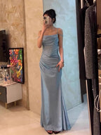 Retro Mermaid Spaghetti Straps Blue Sequin Classy Prom Dress Birthday Outfits With Ruffle