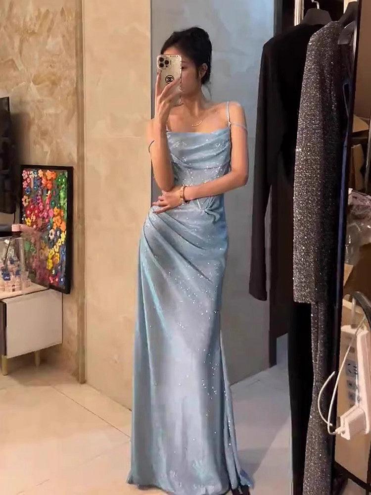 Retro Mermaid Spaghetti Straps Blue Sequin Classy Prom Dress Birthday Outfits With Ruffle