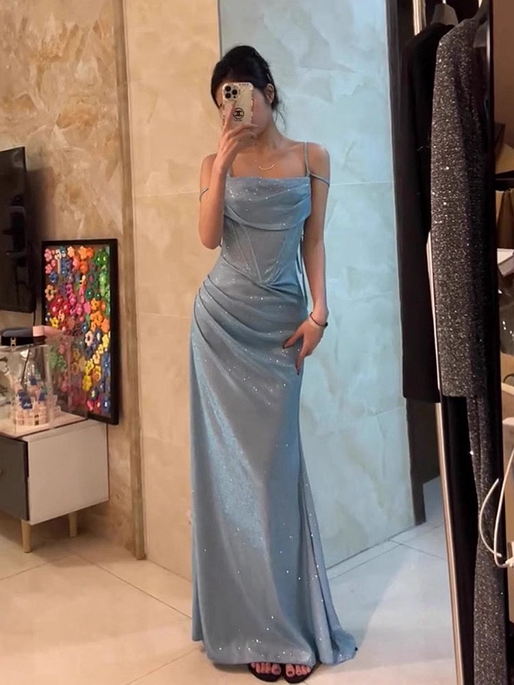Retro Mermaid Spaghetti Straps Blue Sequin Classy Prom Dress Birthday Outfits With Ruffle