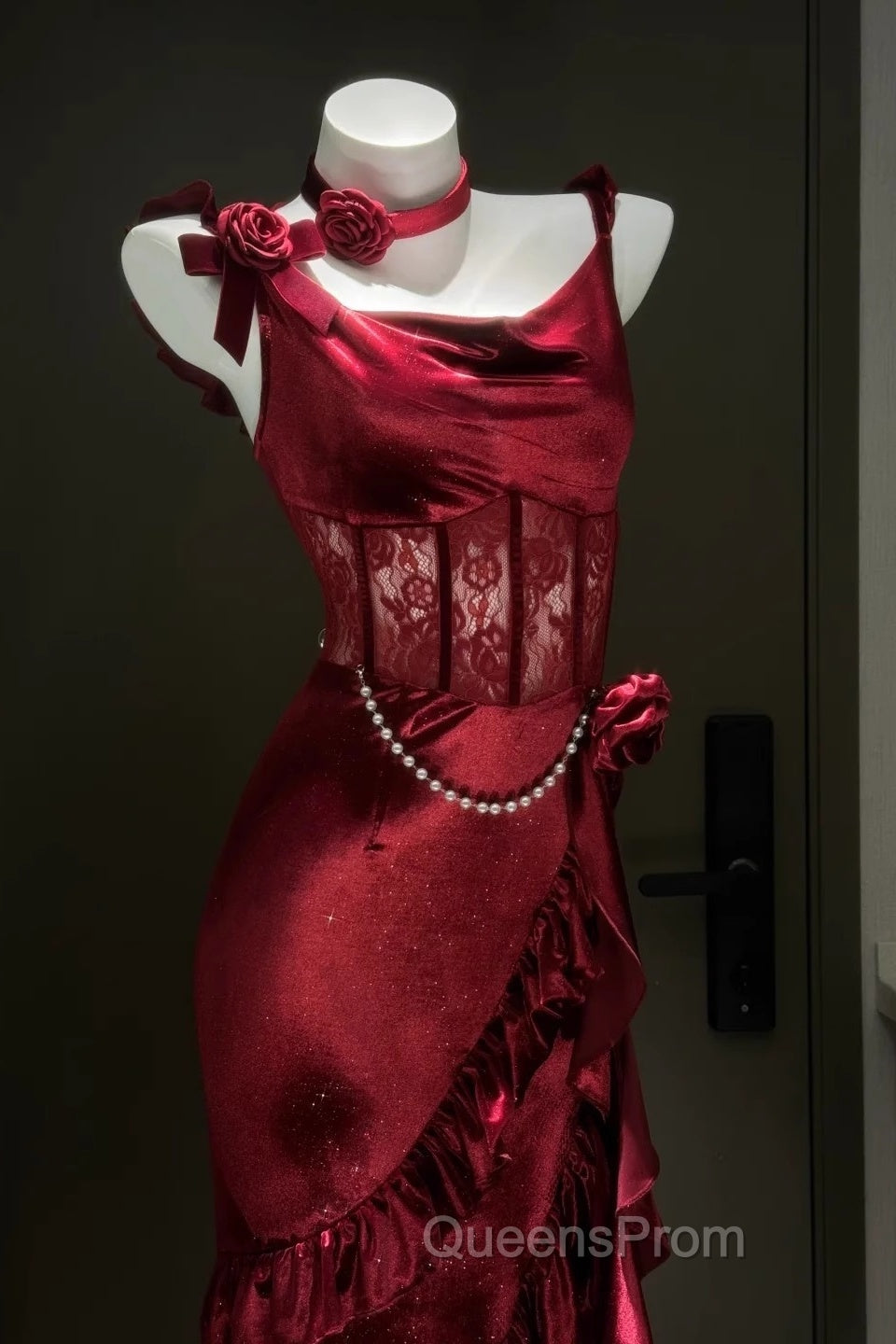 Retro Mermaid Spaghetti Straps Burgundy Lace Evening Prom Dress Birthday Outfits Secondary image