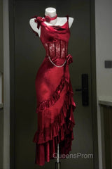 Retro Mermaid Spaghetti Straps Burgundy Lace Evening Prom Dress Birthday Outfits