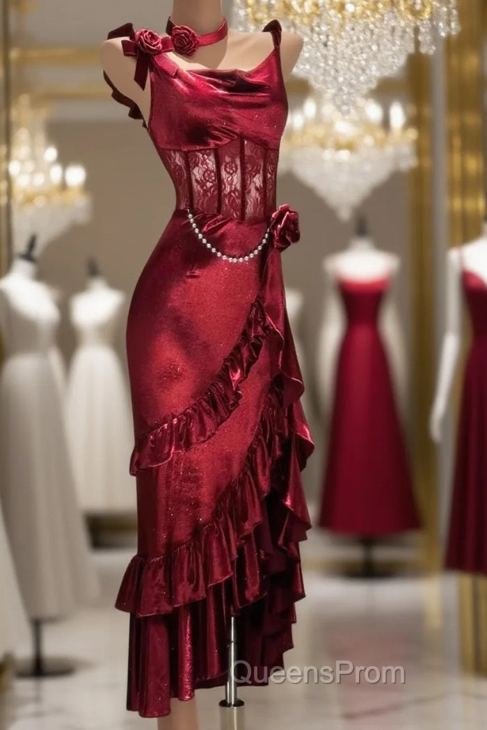 Retro Mermaid Spaghetti Straps Burgundy Lace Evening Prom Dress Birthday Outfits Main image