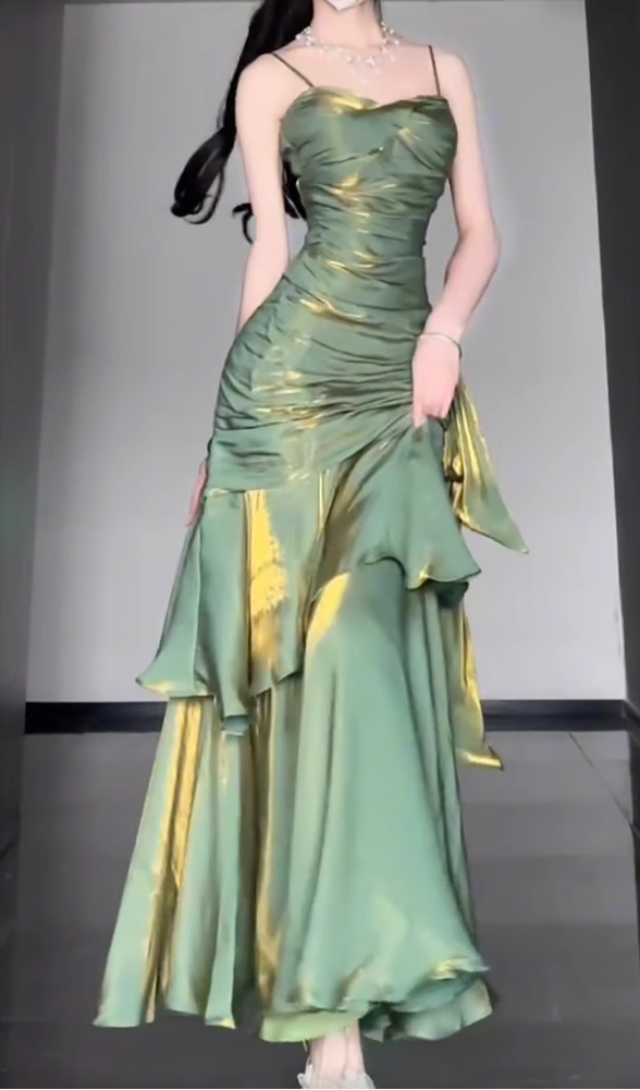 Retro Mermaid Spaghetti Straps Green Classy Prom Dress Birthday Outfits With Flower Secondary image