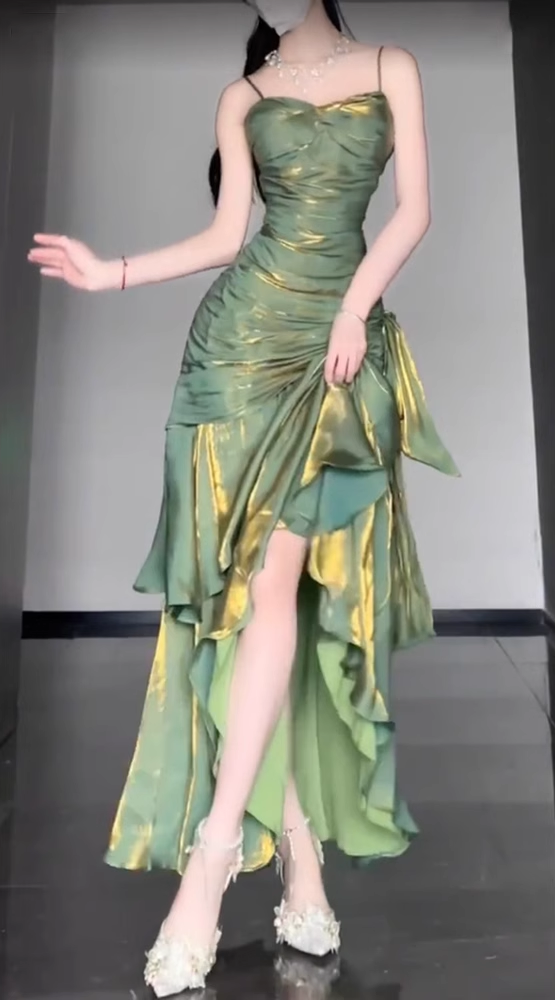 Retro Mermaid Spaghetti Straps Green Classy Prom Dress Birthday Outfits With Flower Main image