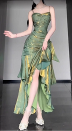 Retro Mermaid Spaghetti Straps Green Classy Prom Dress Birthday Outfits With Flower