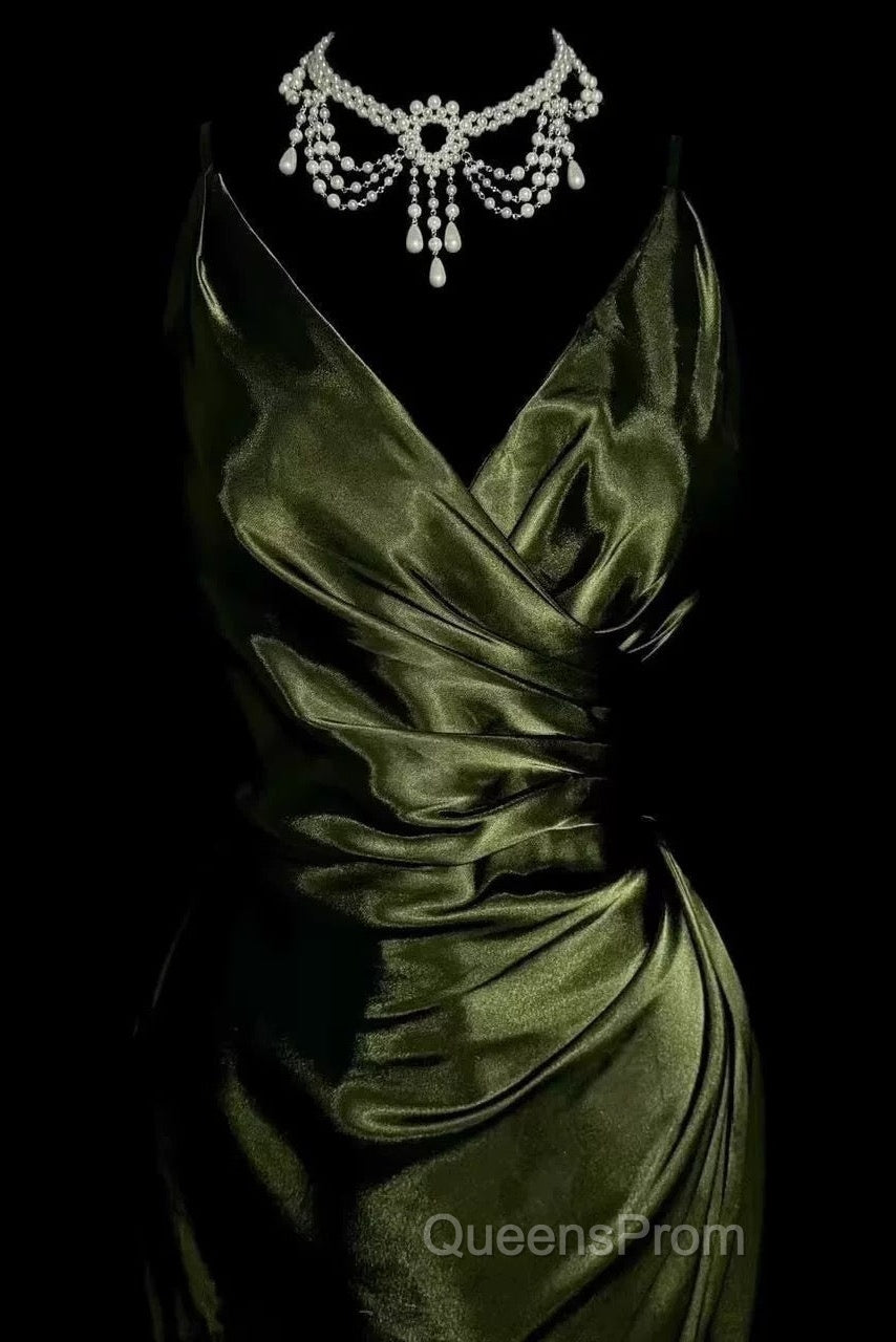 Retro Mermaid Spaghetti Straps Satin Green Long Evening Dress Evening Prom Dress