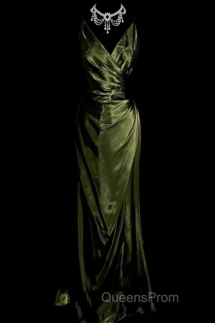 Retro Mermaid Spaghetti Straps Satin Green Long Evening Dress Evening Prom Dress