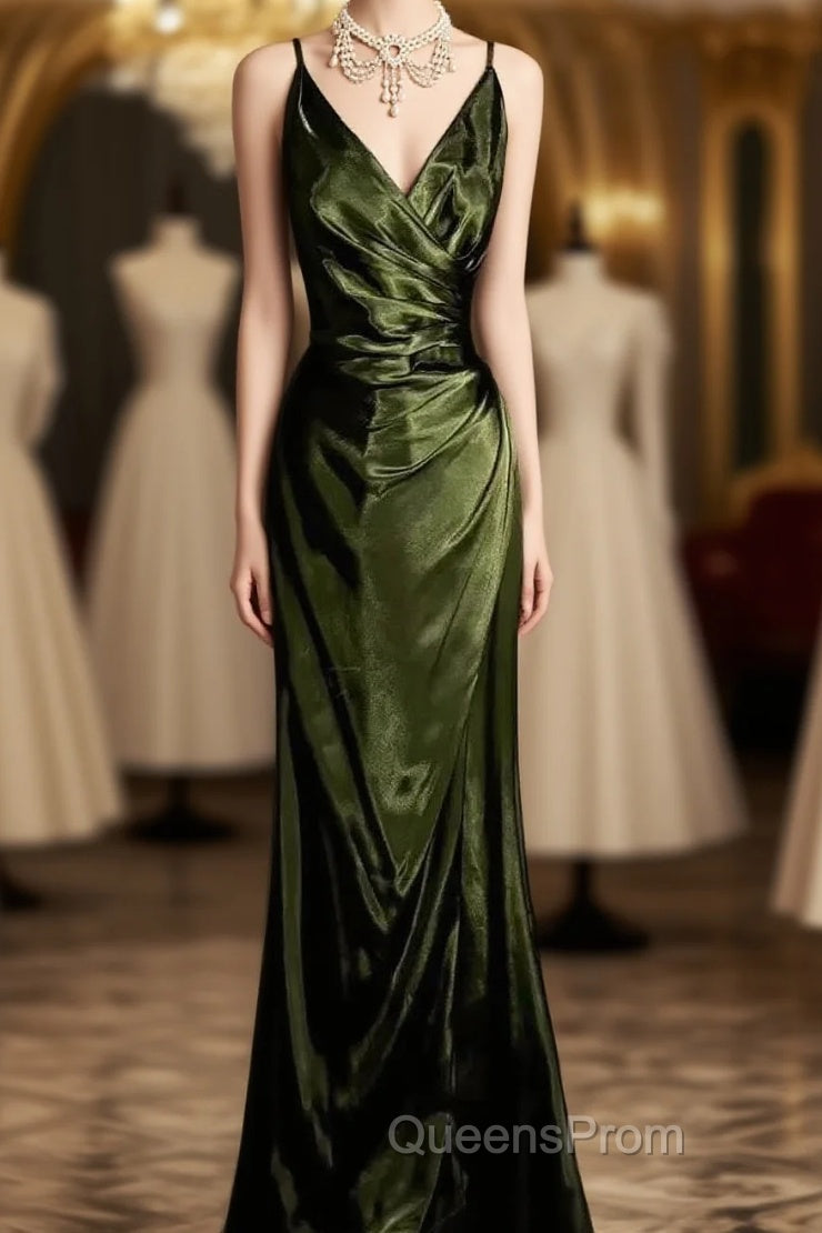 Retro Mermaid Spaghetti Straps Satin Green Long Evening Dress Evening Prom Dress Main image