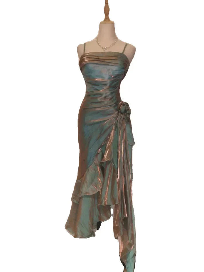 Retro Mermaid Spaghetti Straps Satin Long Party Dress Classy Prom Dress