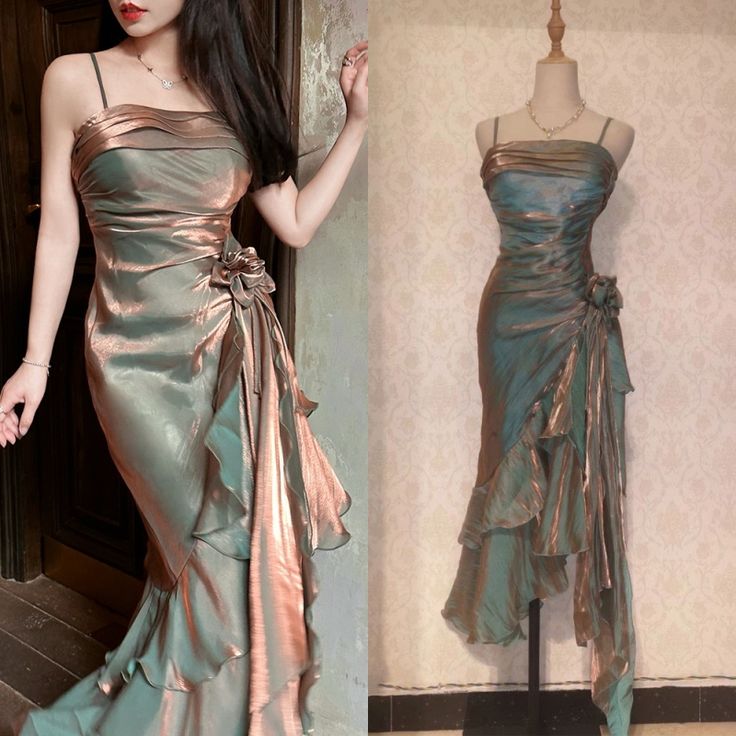 Retro Mermaid Spaghetti Straps Satin Long Party Dress Classy Prom Dress