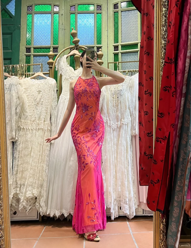 Retro Orange-Pink Mermaid Halter Neck Backless Beaded Tulle Long Classy Prom Dress Secondary image