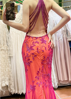 Retro Orange-Pink Mermaid Halter Neck Backless Beaded Tulle Long Classy Prom Dress