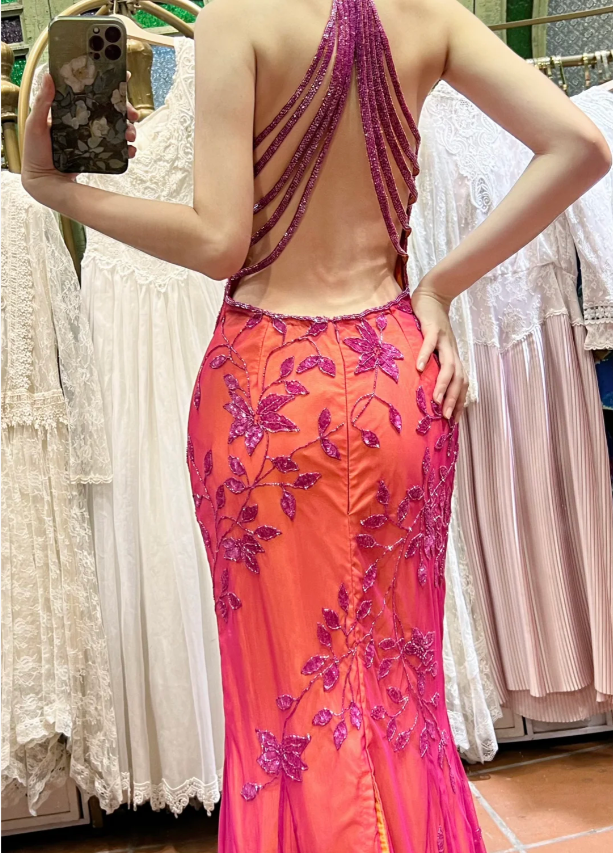 Retro Orange-Pink Mermaid Halter Neck Backless Beaded Tulle Long Classy Prom Dress