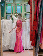 Retro Orange-Pink Mermaid Halter Neck Backless Beaded Tulle Long Classy Prom Dress