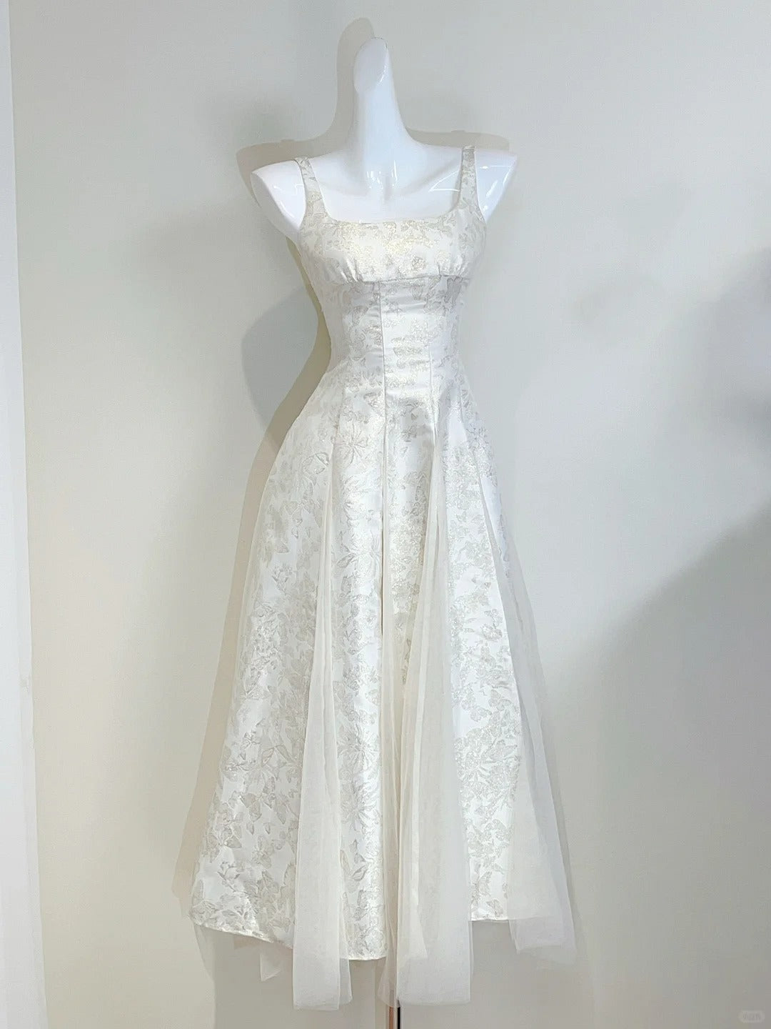 Retro Palace Ivory A-Line Square Neck Strap Jacquard Tulle Classy Prom Dress
