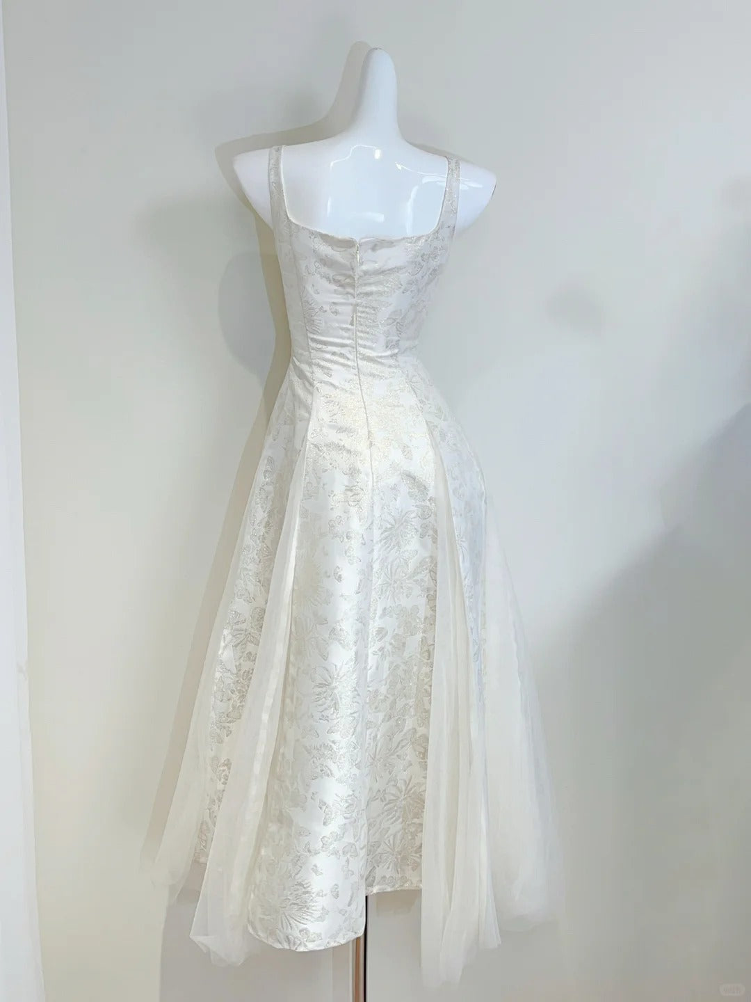 Retro Palace Ivory A-Line Square Neck Strap Jacquard Tulle Classy Prom Dress