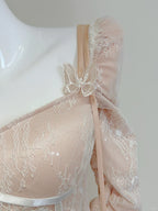 Retro Palace Nude Pink A-Line Long Lace Tulle Long Classy Prom Dress