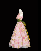 Retro Pink Floral Print A-Line Round Neck Bow Waist-Cinching Long Classy Prom Dress