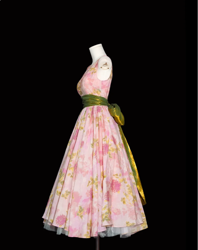 Retro Pink Floral Print A-Line Round Neck Bow Waist-Cinching Long Classy Prom Dress