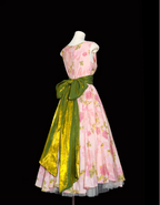 Retro Pink Floral Print A-Line Round Neck Bow Waist-Cinching Long Classy Prom Dress
