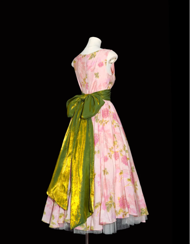 Retro Pink Floral Print A-Line Round Neck Bow Waist-Cinching Long Classy Prom Dress