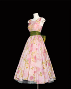 Retro Pink Floral Print A-Line Round Neck Bow Waist-Cinching Long Classy Prom Dress