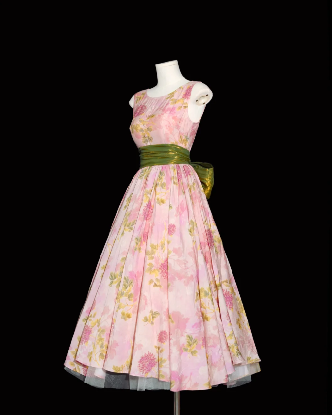 Retro Pink Floral Print A-Line Round Neck Bow Waist-Cinching Long Classy Prom Dress
