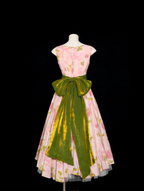 Retro Pink Floral Print A-Line Round Neck Bow Waist-Cinching Long Classy Prom Dress
